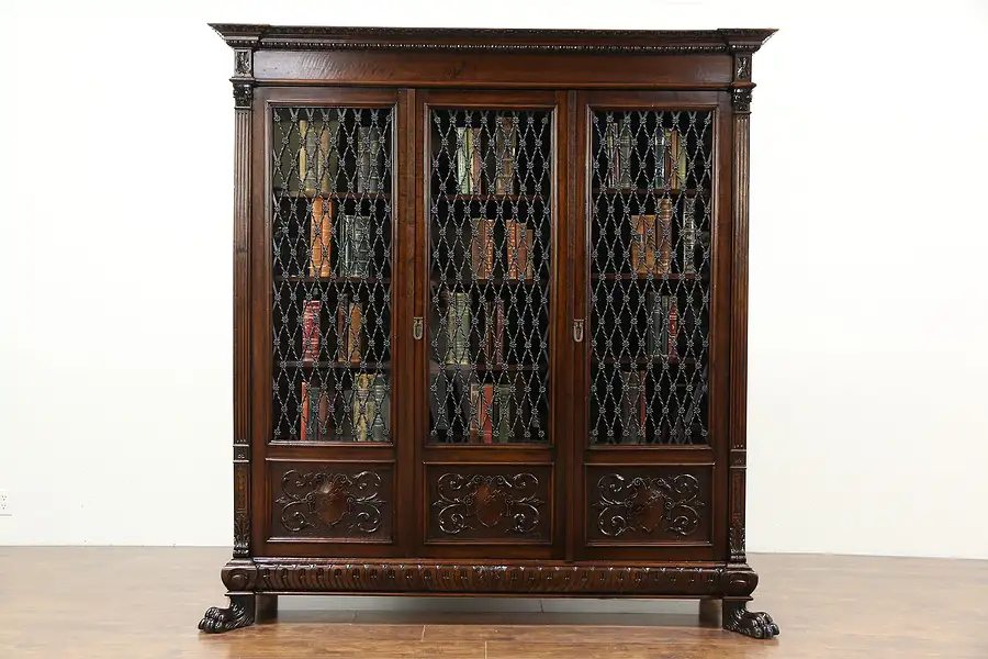 Main image of Carved Walnut Antique 1890 Library Bookcase, Iron Grill & Glass Doors, Italy