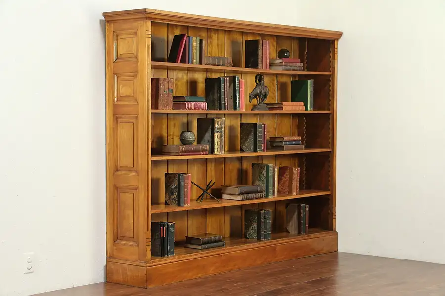 Main image of Library Antique 1890 Birch Bookcase, Raised Panels, Adjustable Shelves