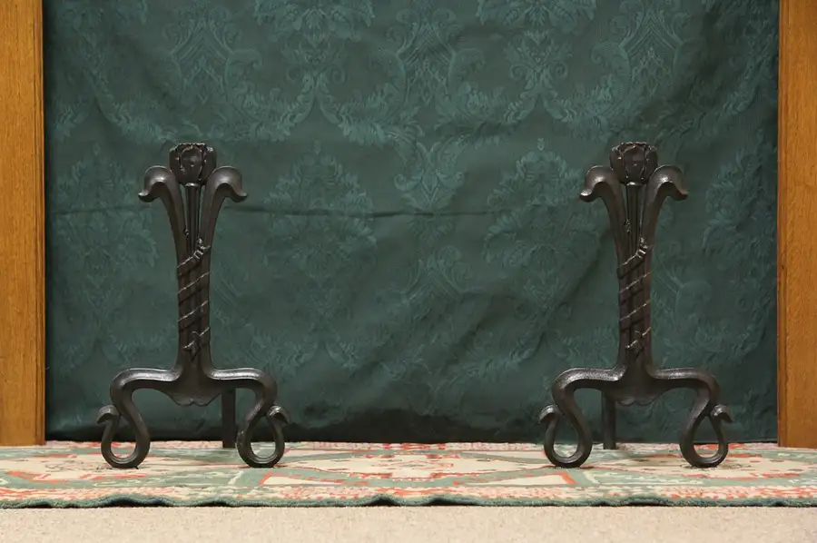Main image of Art Nouveau Cast Iron 1900 Antique Fireplace Andirons