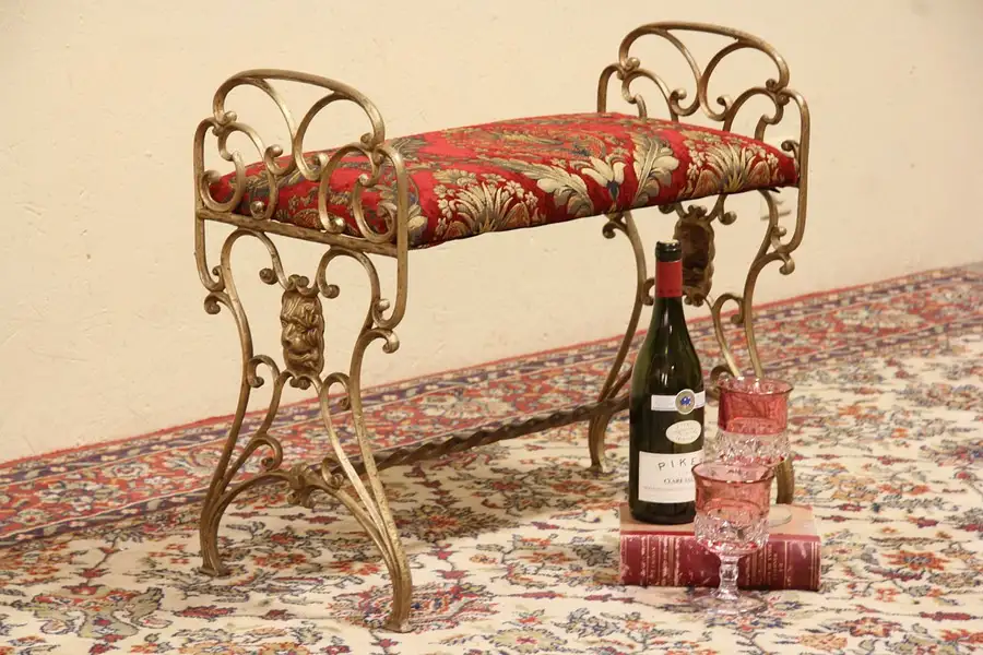 Main image of Iron 1920's Bench with Lion Heads, Newly Upholstered