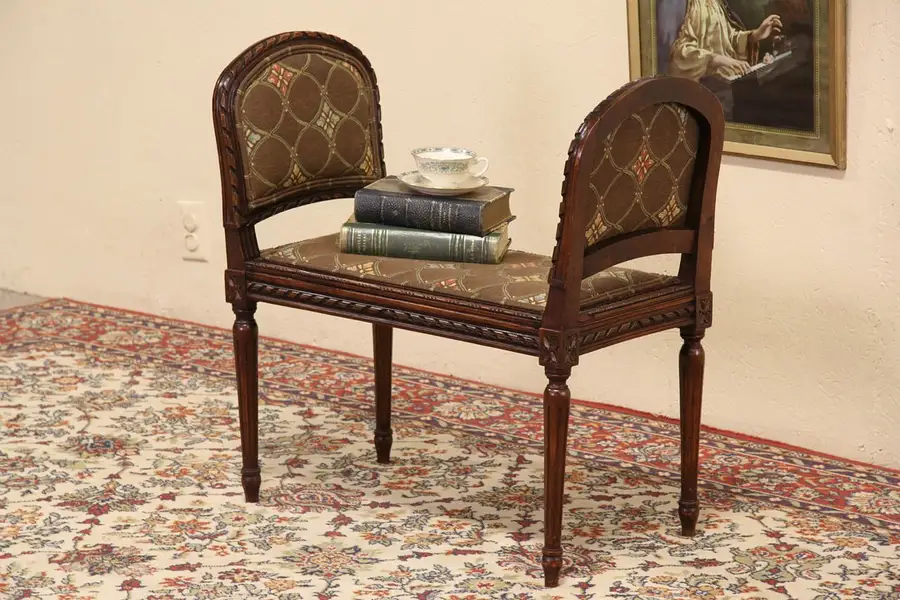 Main image of Carved French 1920's Upholstered Bench with Arms