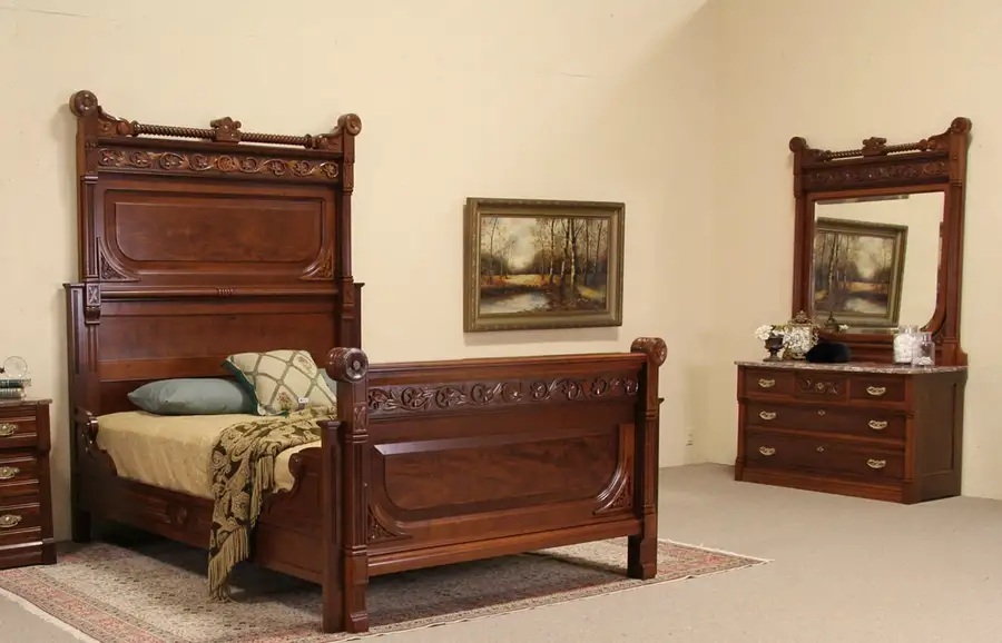Main image of Victorian 1875 Antique Cherry Queen Size Two Piece Bedroom Set, Marble Chest