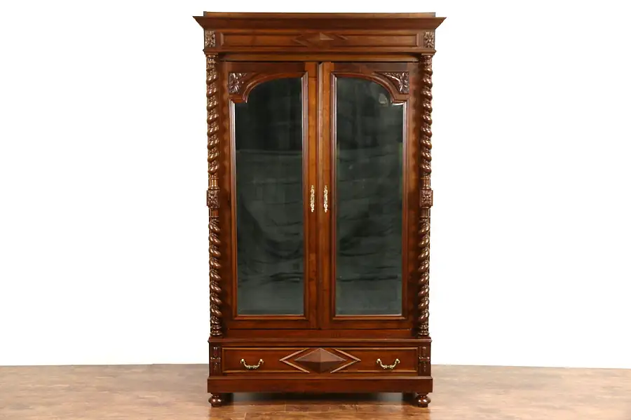 Main image of French 1890's Antique Carved Fruitwood Armoire, Beveled Mirrors, Spiral Columns