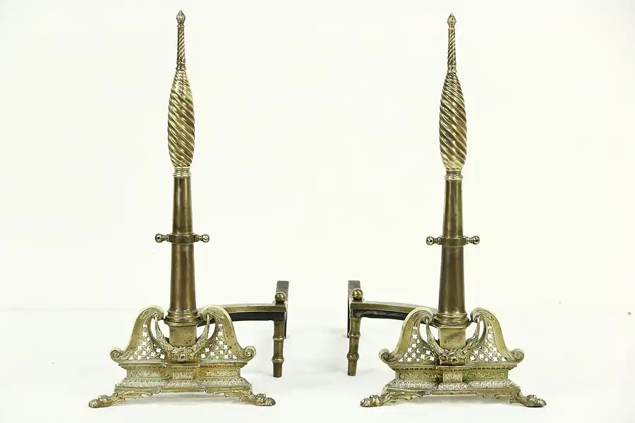 Main image of Pair Antique Brass Fireplace Andirons, Claw Feet, Spiral Columns
