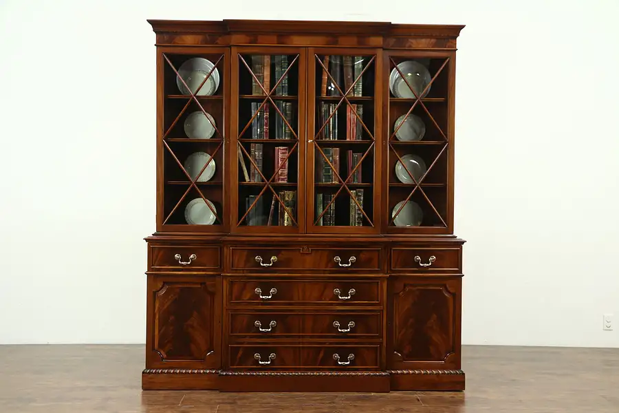 Main image of Mahogany Vintage Breakfront China Cabinet Bookcase & Desk, Signed Saginaw