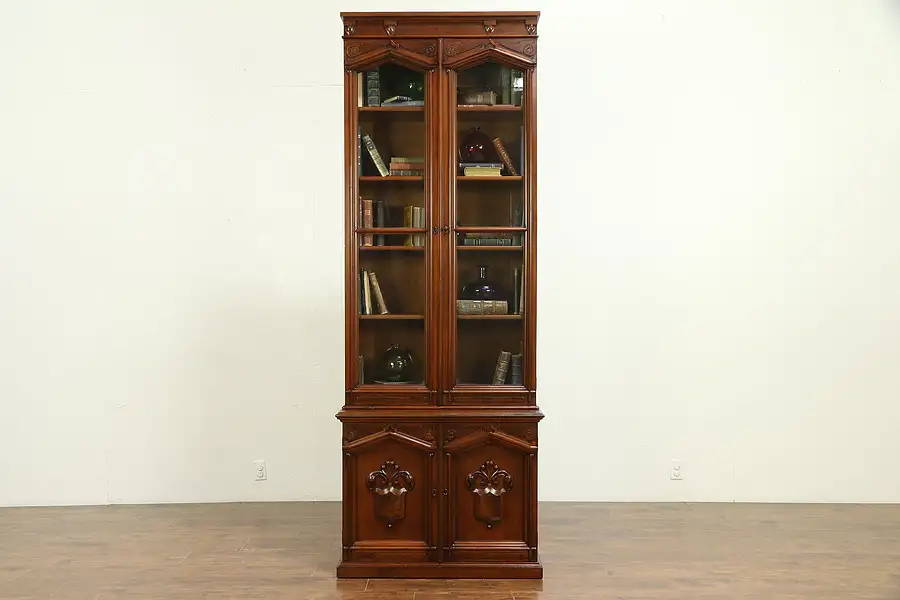 Main image of Victorian Antique 1870 Walnut & Burl Tall Bookcase, Wavy Glass Doors