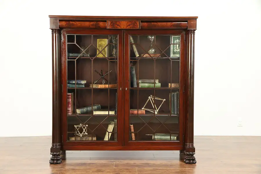 Main image of Empire Mahogany Antique Bookcase, Secret Drawers, Columns, Lion Feet