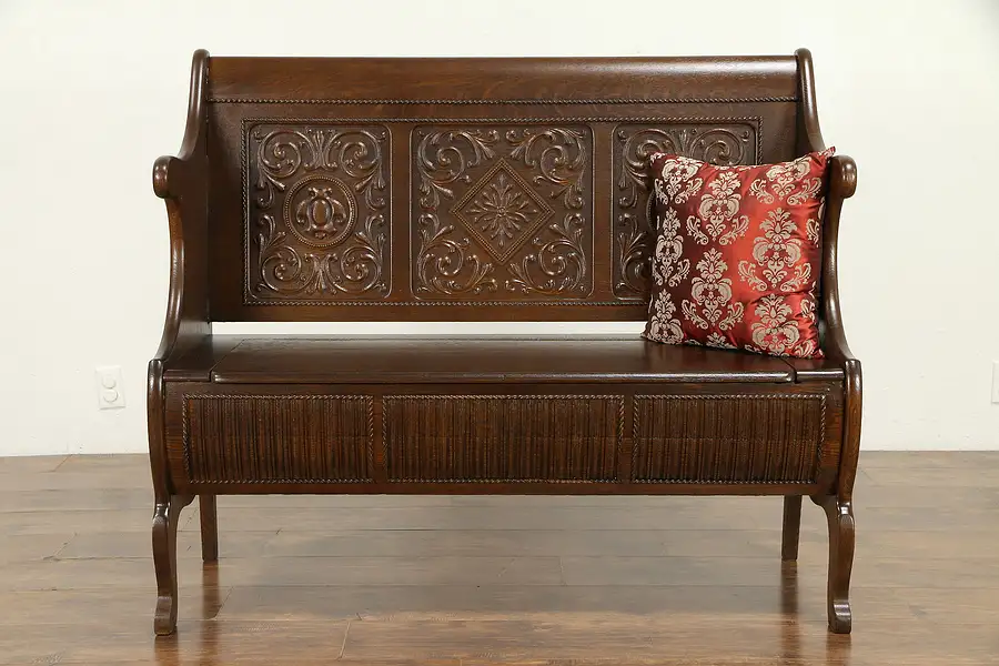 Main image of Oak Quarter Sawn Carved Hall Bench, Storage Under Seat