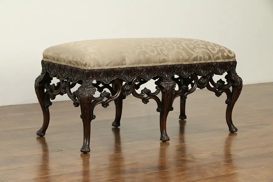 Main image of Mahogany Antique Carved Hall Bench, New Upholstery