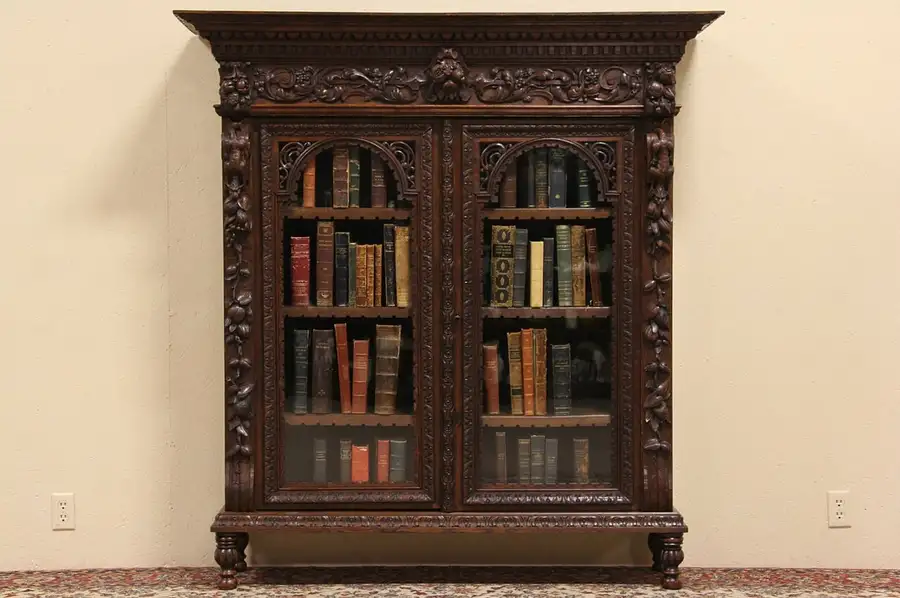 Main image of Carved Oak 1880 Bookcase, Dragons, Fruit & Flowers