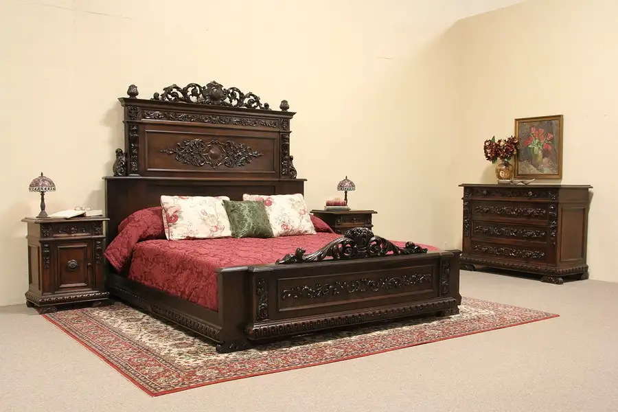 Main image of Carved Italian 1910 Antique King Size Bedroom Set