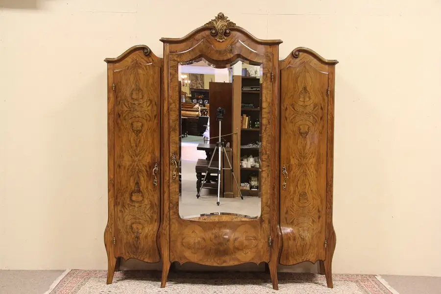 Main image of Italian Olive Wood Antique Triple Bombe Armoire