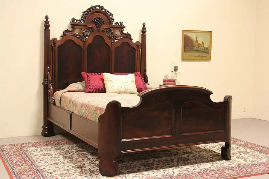Main image of Victorian 1870 Antique Carved Rosewood & Walnut Queen Size Bed