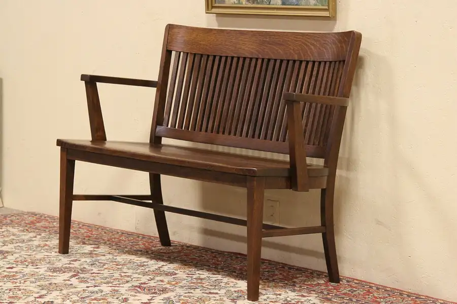 Main image of Arts & Crafts Oak 1900 Railroad Train Station Bench