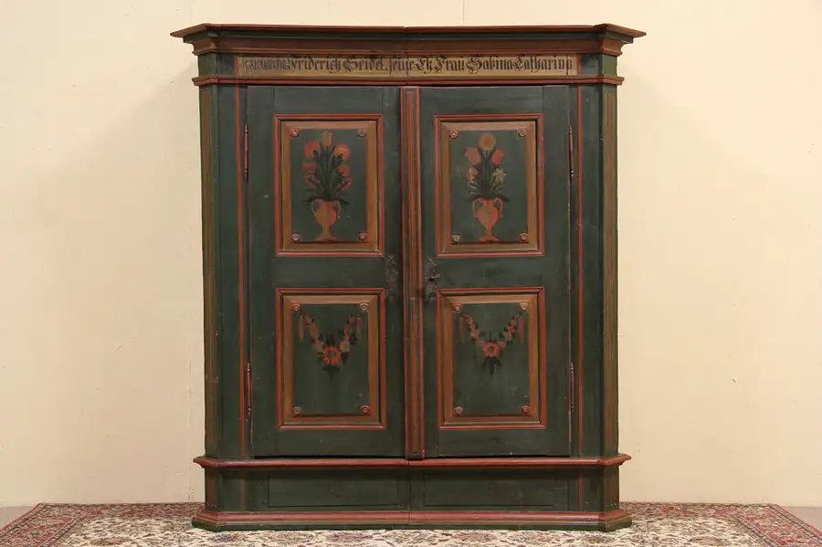 Main image of German Antique Wedding Schrank or Armoire, 1812 Folk Painting