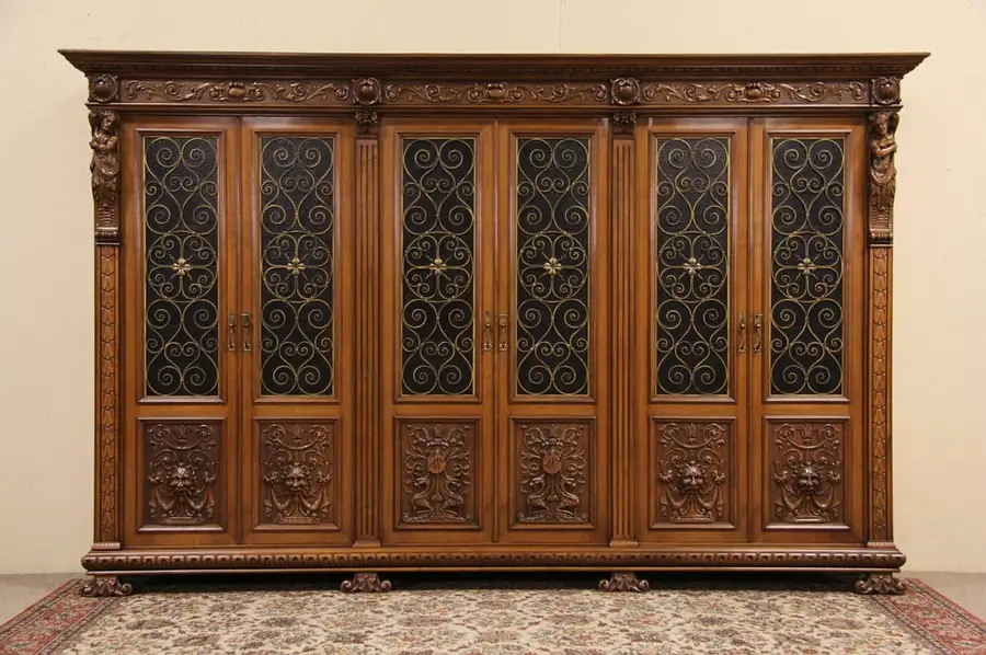 Main image of Italian 10' Antique Library Bookcase, Iron Grills, Carved Figures
