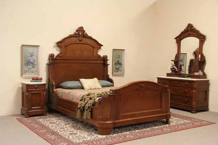 Main image of Victorian 1870 Antique 3 Piece Queen Size Bedroom Set, Marble Tops