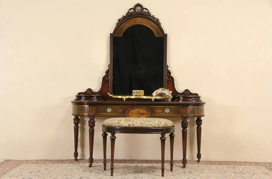 Main image of Berkey & Gay 1920 Walnut Dressing Table Vanity & Bench, Hand Painted