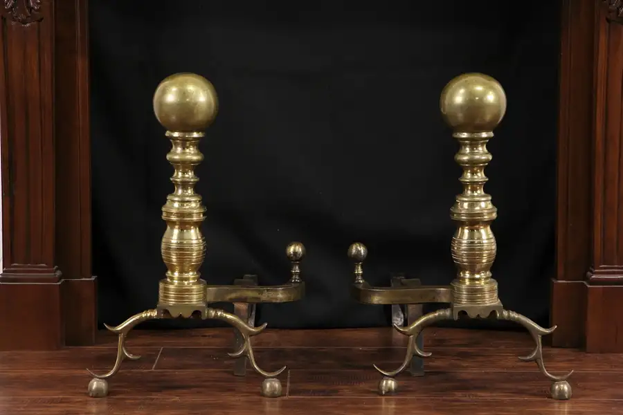 Main image of Pair of Brass Cannonball 1890's Antique Fireplace Andirons, Harvin of Baltimore