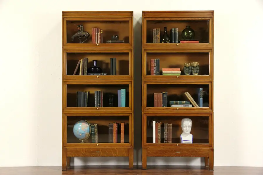 Main image of Pair of Globe Wernicke Signed 4 Stack 1920's Oak Lawyer Bookcases, Round Knobs