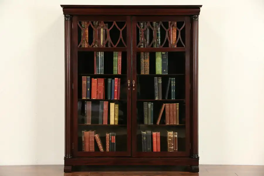 Main image of Mahogany Signed Larkin 1900 Antique Library Bookcase, Wavy Glass Doors & Columns