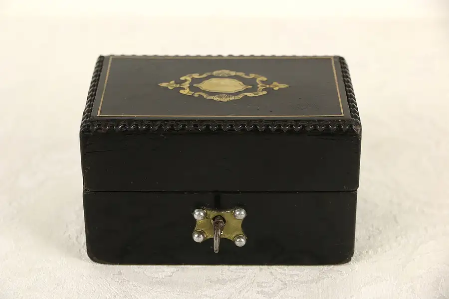 Main image of English 1860's Antique Ebony Wood Box, Brass Boulle Work Brass Inlay
