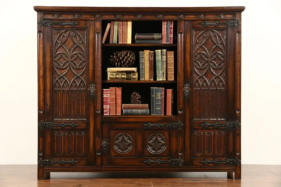 Main image of Gothic 1910 Antique Hand Carved Oak Dutch Bookcase, Linenfold Panels