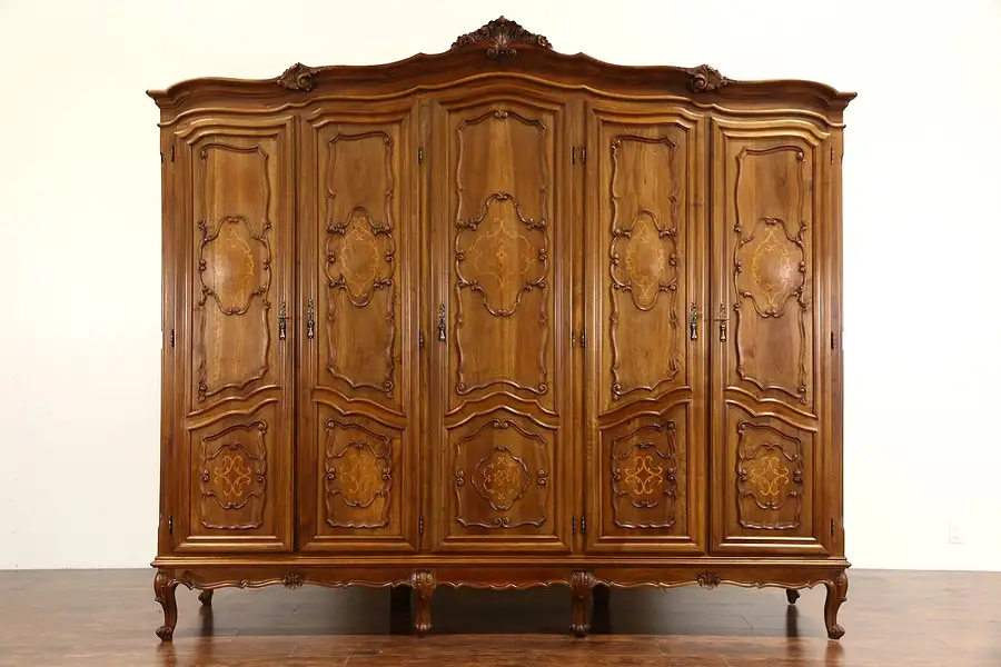 Main image of Italian 1930's Vintage 5 Door Carved Walnut Armoire, Wardrobe or Closet