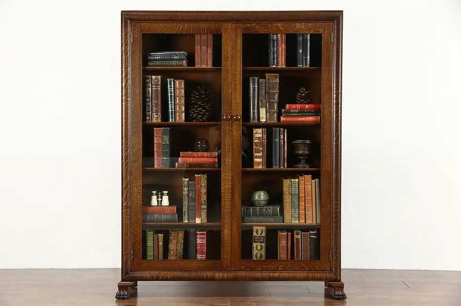 Main image of Oak 1900 Antique Library Bookcase, Glass Doors, Lion Paw Feet