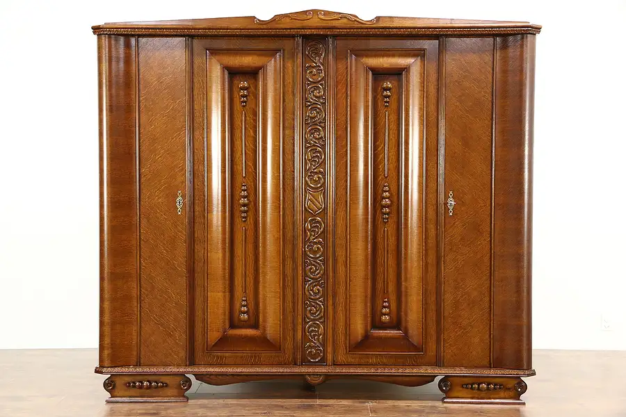Main image of Art Deco 1930 Vintage Carved Oak Armoire, Wardrobe or Closet, Italy