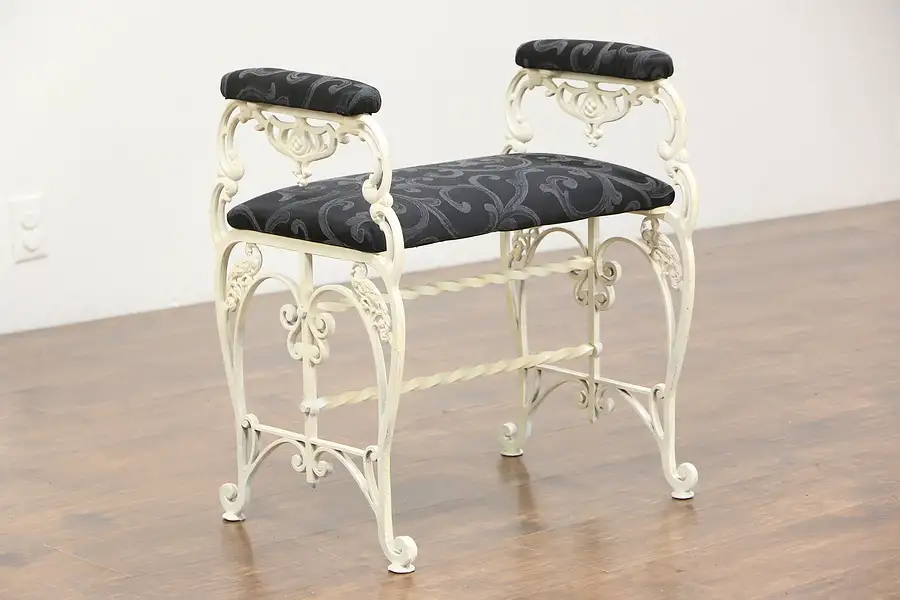 Main image of Cast Iron Filigree 1910 Antique Bench with Arms, New Upholstery