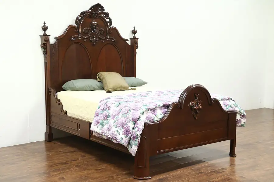 Main image of Victorian 1860 Antique Queen Size Walnut Bed, Hand Carved Fruit & Nut Crest