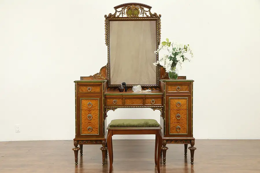 Main image of Satinwood & Mahogany Marquetry Vanity or Dressing Table, Mirror & Bench