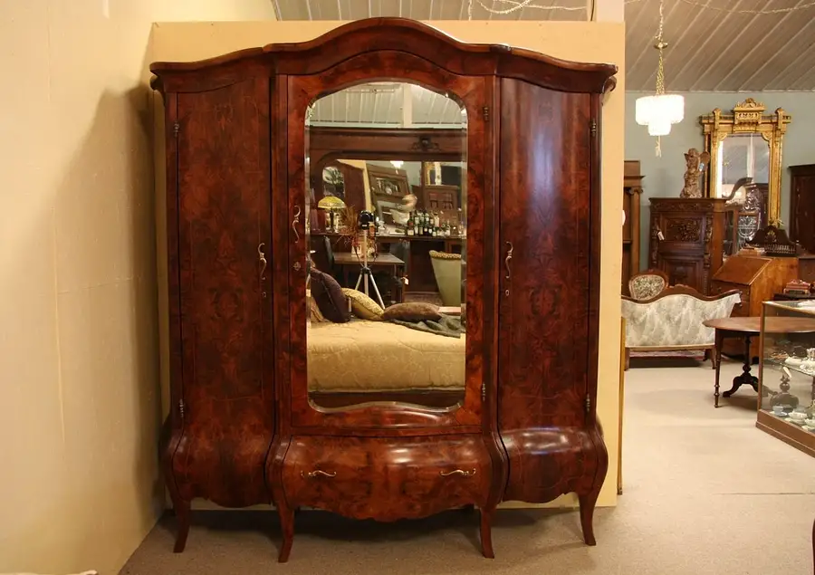 Main image of Bombe Walnut Burl & Rosewood Antique Triple Armoire