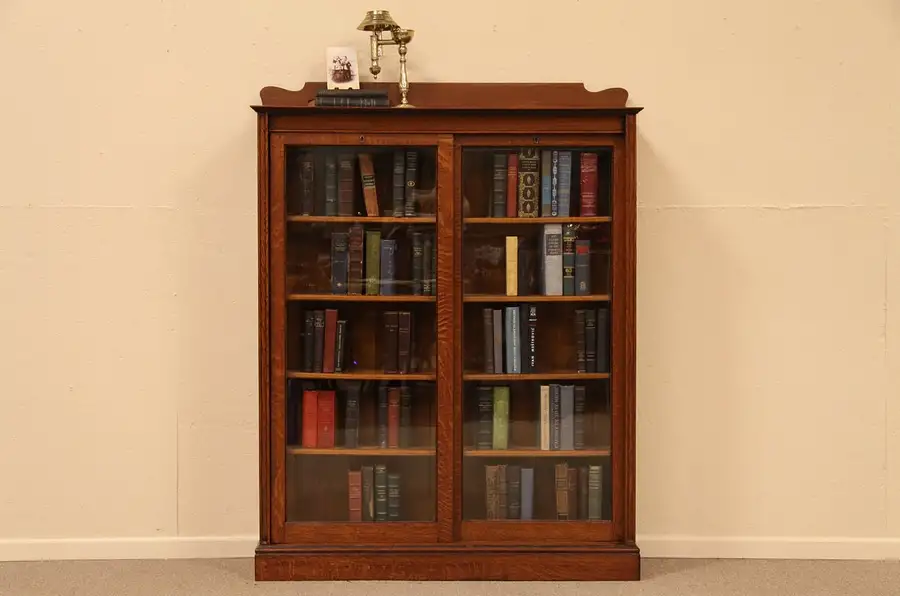 Main image of Quartersawn Oak Bookcase, Sliding Glass Doors