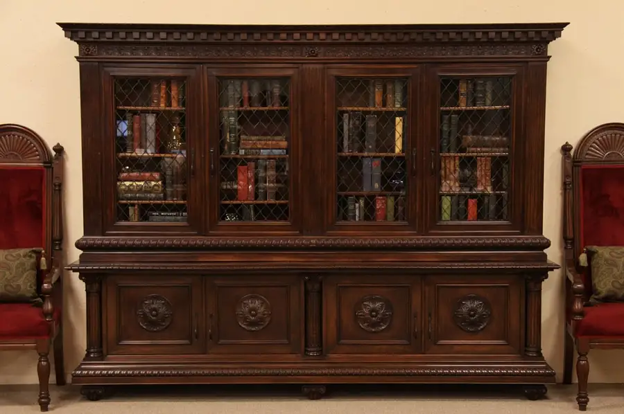 Main image of Carved Antique Bookcase, Iron Grills, Glass Doors