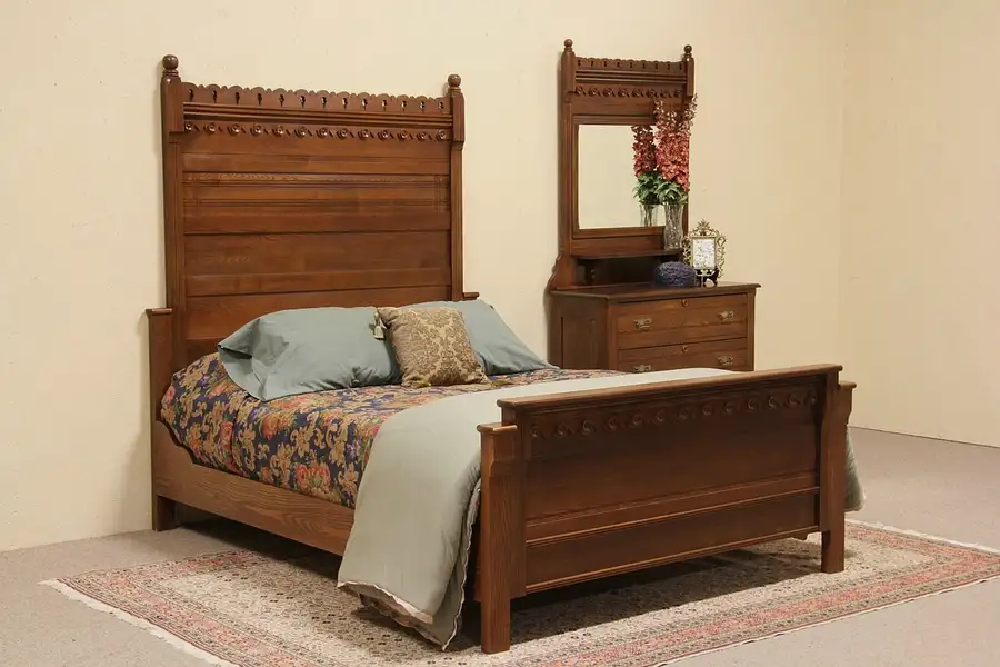 Main image of Eastlake 1880 Antique Oak Queen Size Bedroom Set