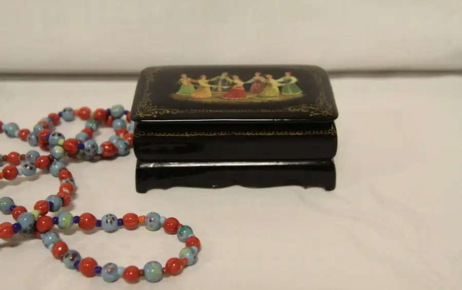Main image of Russian Vintage Lacquer Box, Hand Painted Traditional Dancers