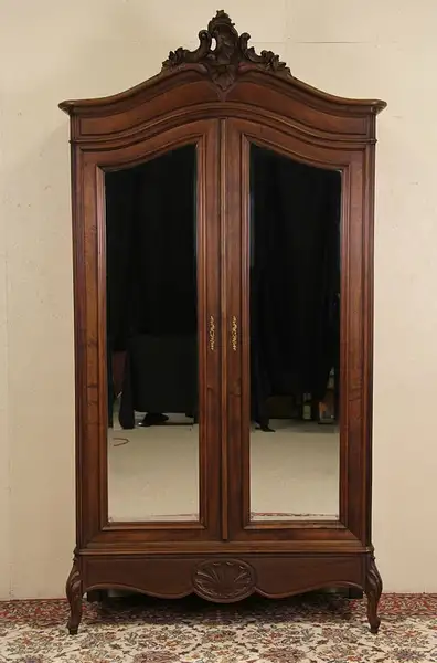 Main image of Country French Carved 1900 Antique Armoire or Wardrobe, Secret Drawer