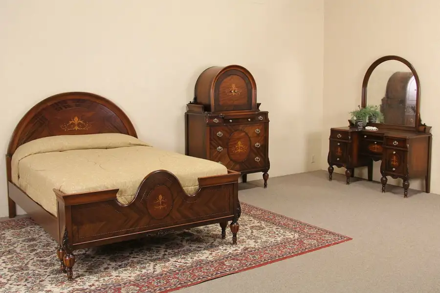 Main image of Marquetry 1920's Full Size Antique Bedroom Set, 3 Pc.