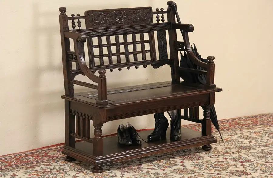 Main image of Oak 1890 Victorian Eastlake Carved Hall Bench, Lift Seat