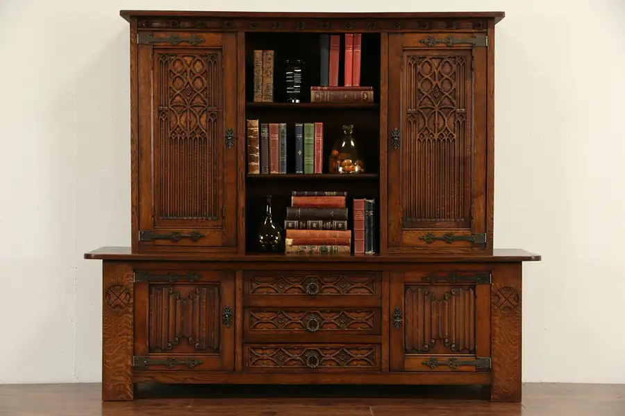 Main image of Gothic Carved Oak Dutch Bookcase or Library Cabinet, 1920's Vintage, Open Center