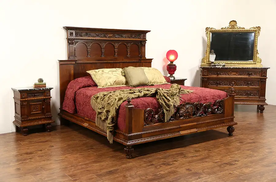 Main image of Italian Renaissance 1900's Antique King Size 4 Pc. Bedroom Set Marble Top Chests