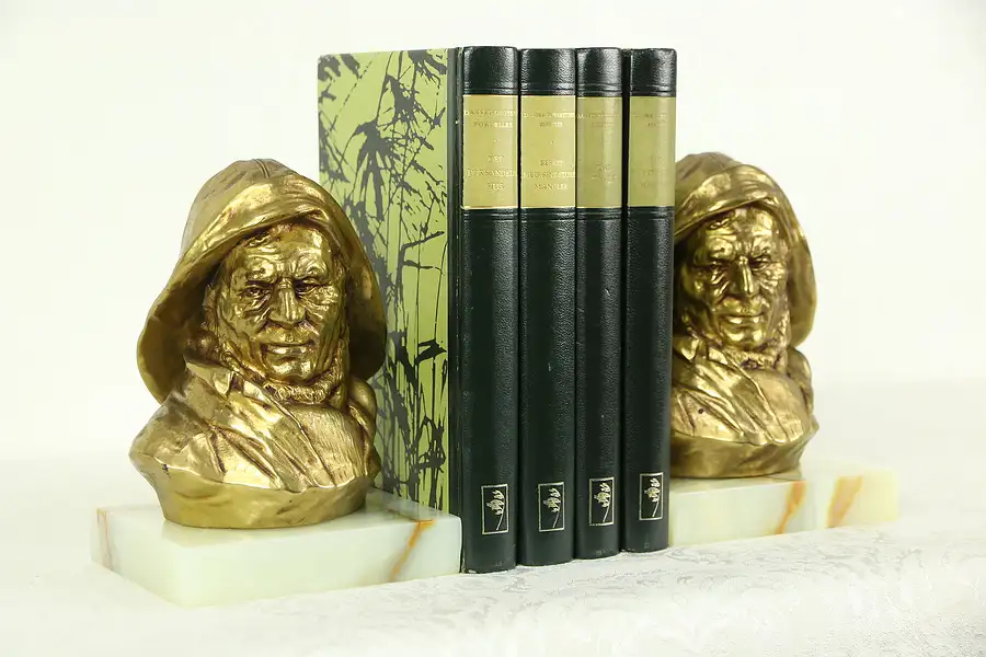 Main image of Pair of Onyx & Bronze Finish Bookends, Old Sailor Sculpture