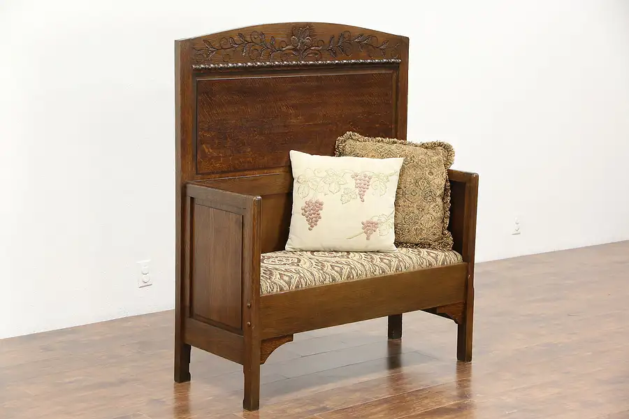Main image of Carved Oak Antique 1910 Hall or Dining Bench #1, New Upholstery, England