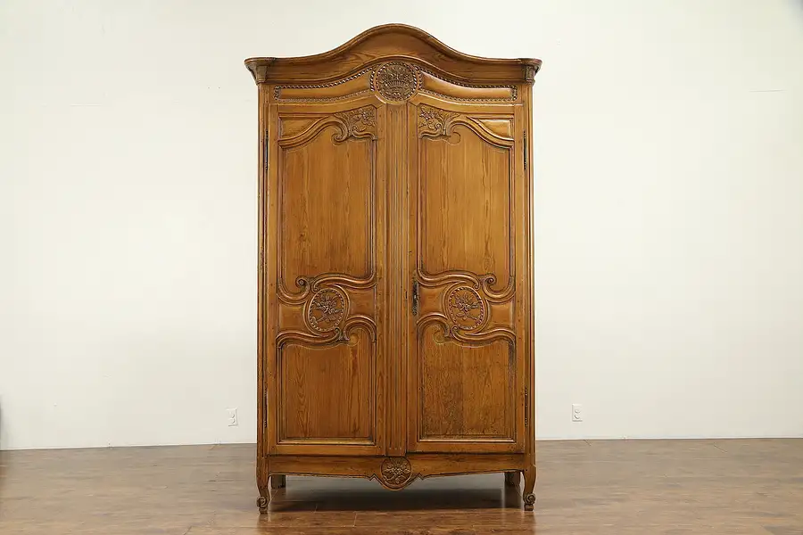 Main image of Country French Antique Hand Carved 1840 Pine Armoire or Wardrobe