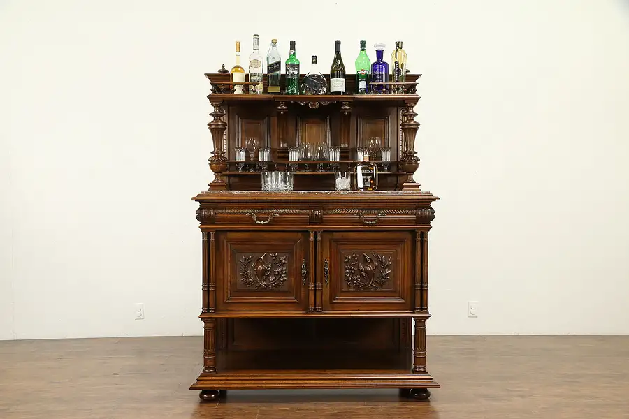 Main image of Carved Walnut Antique French Sideboard, Bar or Wine Cabinet, Marble Top
