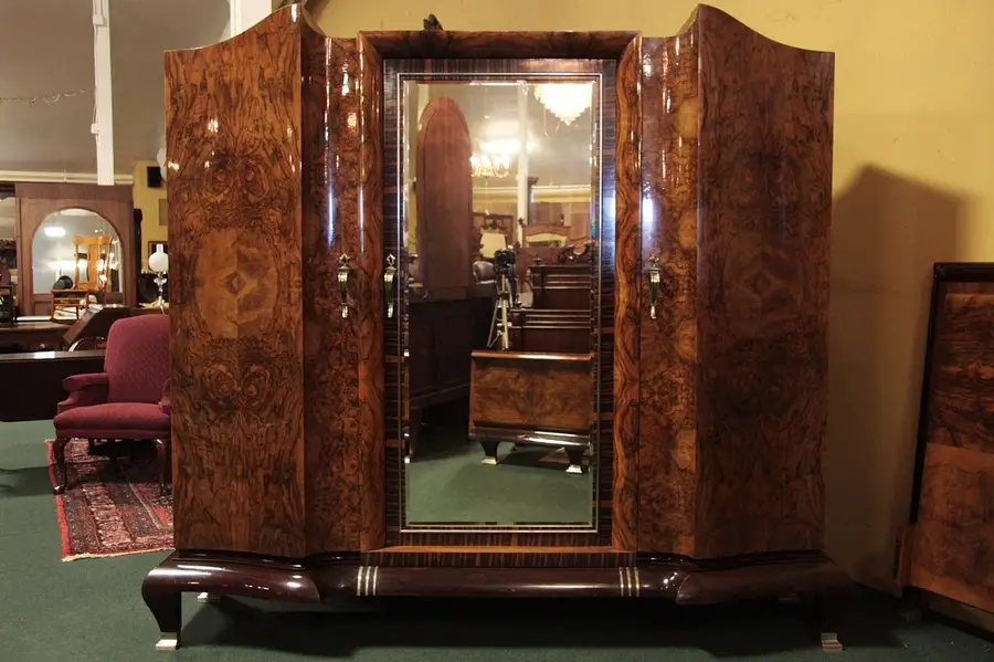 Main image of Art Deco Dresser, Vanity, Stool, & Armoire Set 1930