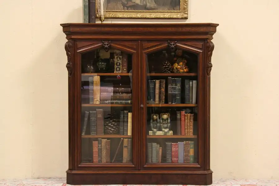 Main image of Victorian 1870 Bookcase, Carved Lion Heads, Glass Doors