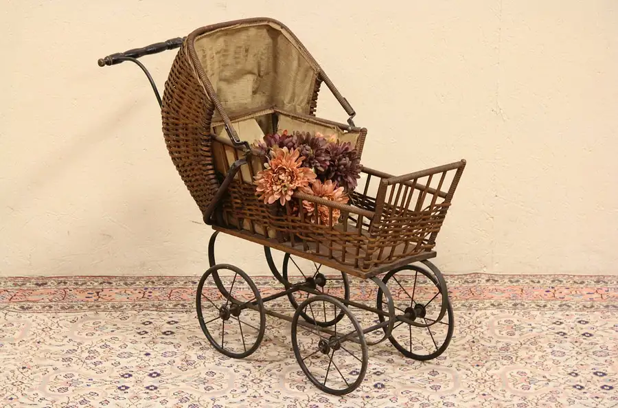 Main image of Child Size Wicker 1910 Antique Doll Buggy or Carriage
